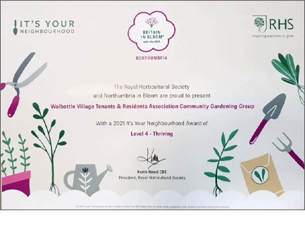 Level 4 Thriving award certificate from the Royal Horticultural Society and Northumbria in Bloom