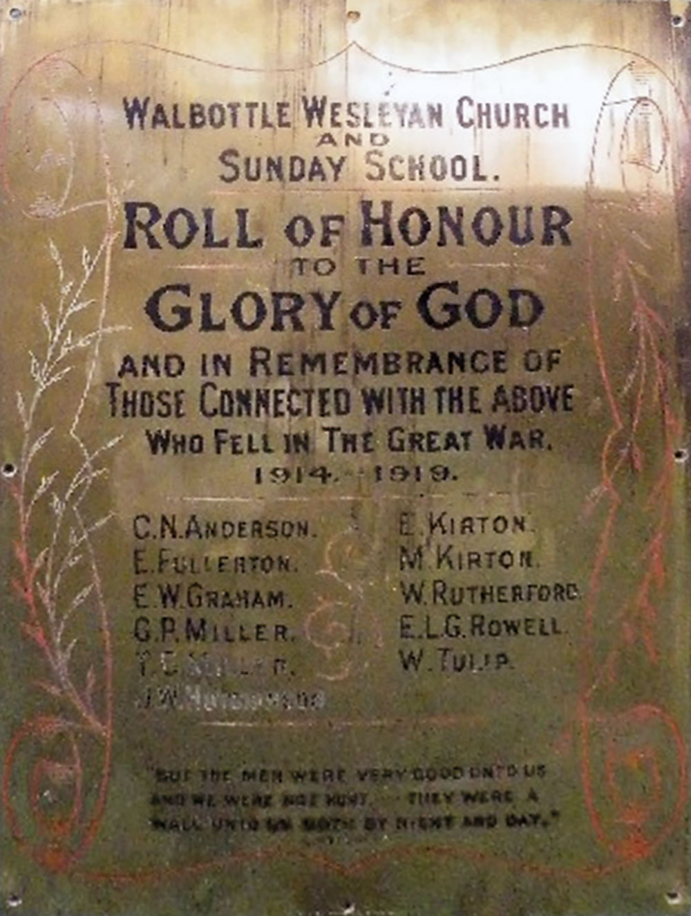 Image of the plaque recording Edwards name that was mounted at Walbottle Methodist church.